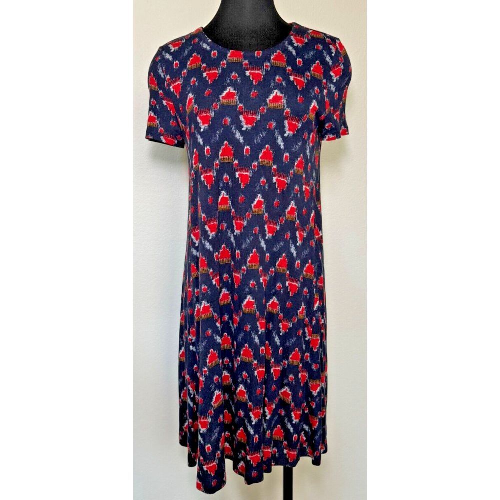 LOFT Swing Dress Women Size Medium Red Navy Blue Inkatha AOP Short‎ Sleeve Dress